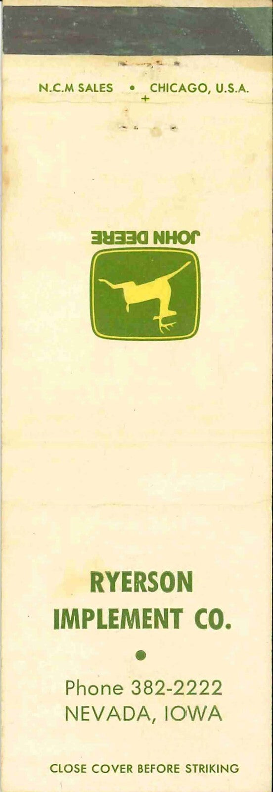 John Deere Matchbook Cover 2 Leg Ryerson Imp CO Nevada IA