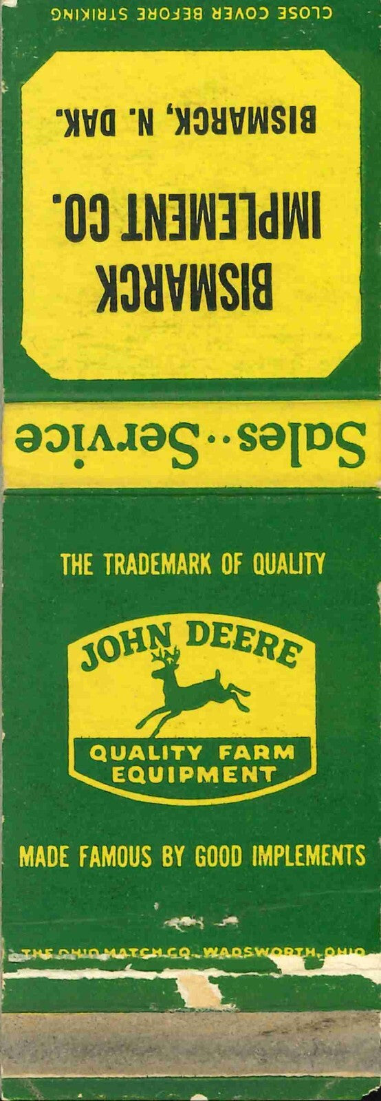 John Deere Matchbook Cover QFE Bismarck Implement CO Bismarck North Dakota
