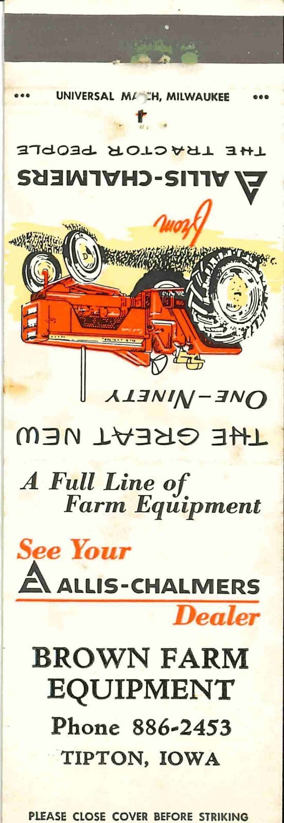 Matchbook Cover Allis Chalmers 190 Brown Farm Equip Tipton Iowa