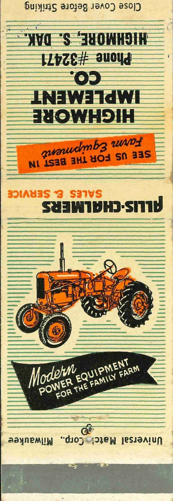 Matchbook Cover Allis Chalmers Highmore Imp Co Highmore South Dakotah