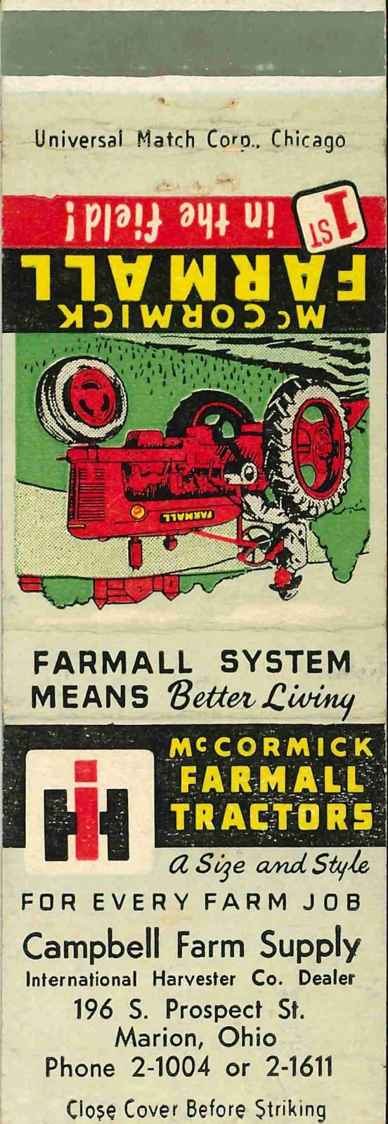 Matchbook Cover Farmall H Campbell Farm Supply Marion Ohio