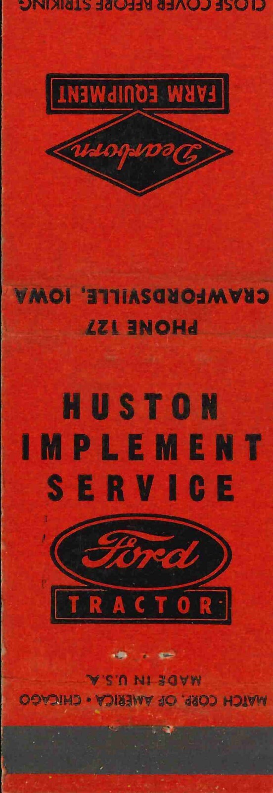 Matchbook Cover Ford Tractor Deaborn Implements Huston Implement Service 