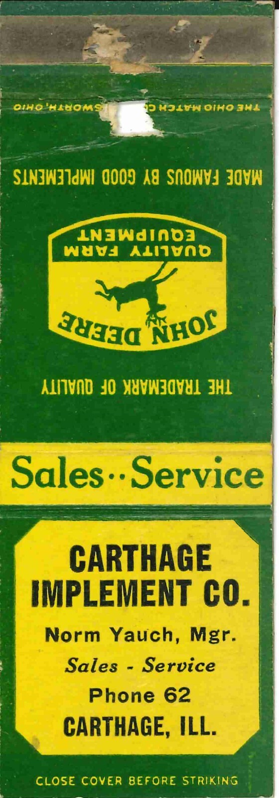 John Deere Matchbook Cover QFE Carthage Implement Co Carthage Illinois