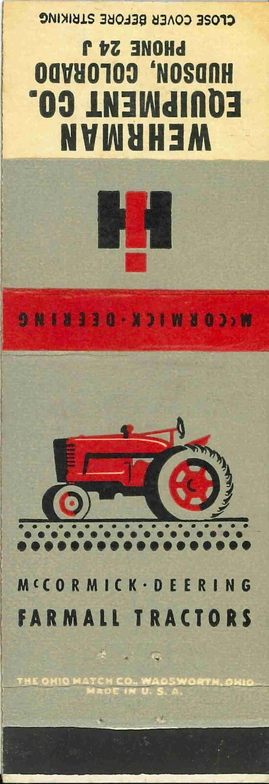 Matchbook Cover International Harvester Tractor Wehrman Equip Hudson Colorado