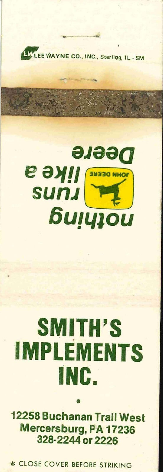 John Deere Matchbook Cover Smiths Implement Mercersburg PA