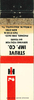 Matchbook Cover International Harvester Struve Imp Co Abernathy Texas