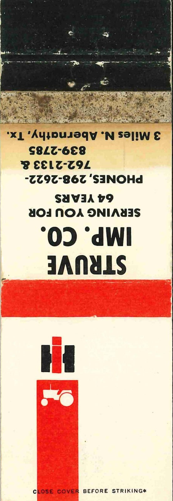Matchbook Cover International Harvester Struve Imp Co Abernathy Texas