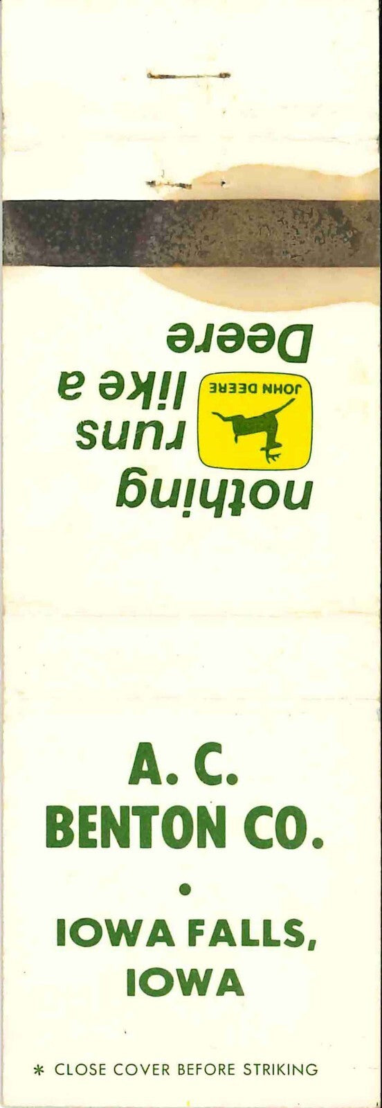 John Deere Matchbook Cover 2 Leg A C Benton Iowa Falls Iowa