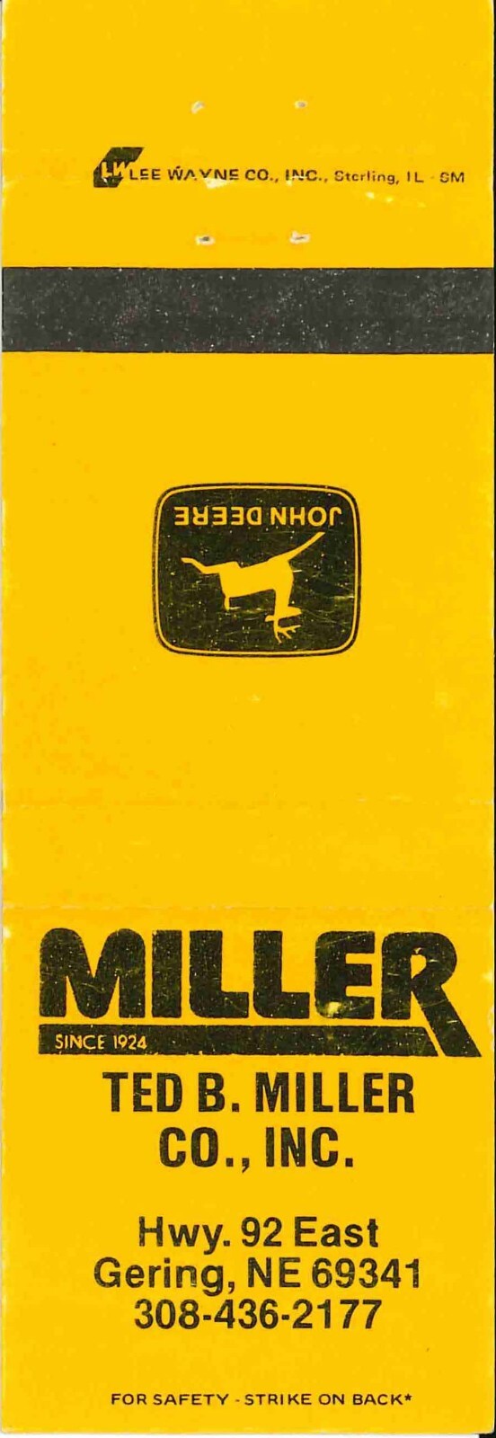 John Deere Matchbook Cover Ted B Miller Gering NE