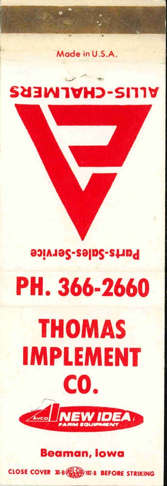 Matchbook Cover Allis Chalmers New Idea Thomas Imp Co Beaman Iowa