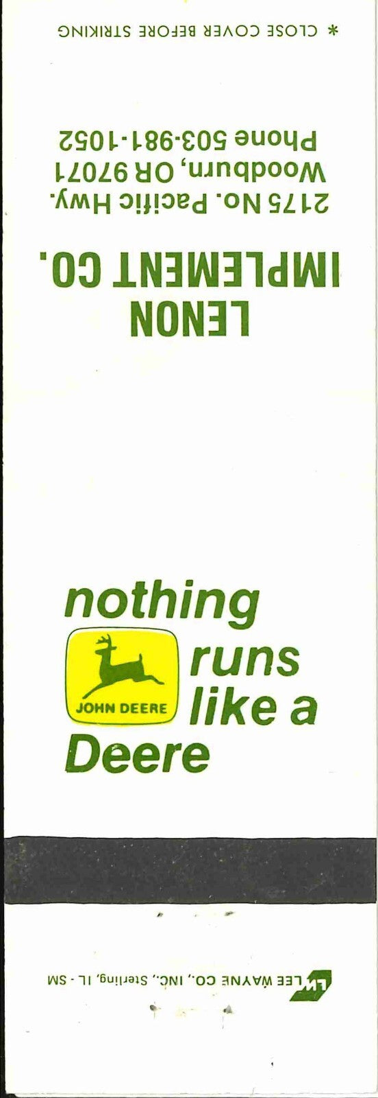 John Deere Matchbook Cover 2 Leg Lenon Imp Woodburn OR