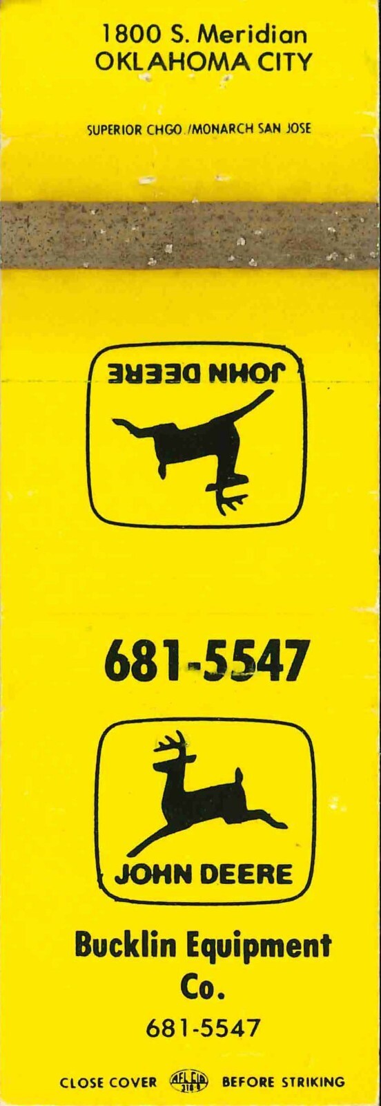 John Deere Matchbook Cover Bucklin Equip Co Oklahoma City