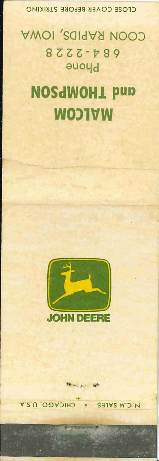 John Deere Matchbook Cover 2 Leg Malcom Thompson Con Rapids IA