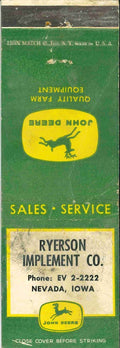 John Deere Matchbook Cover 4 Leg Ryerson Imp Co Nevada IA