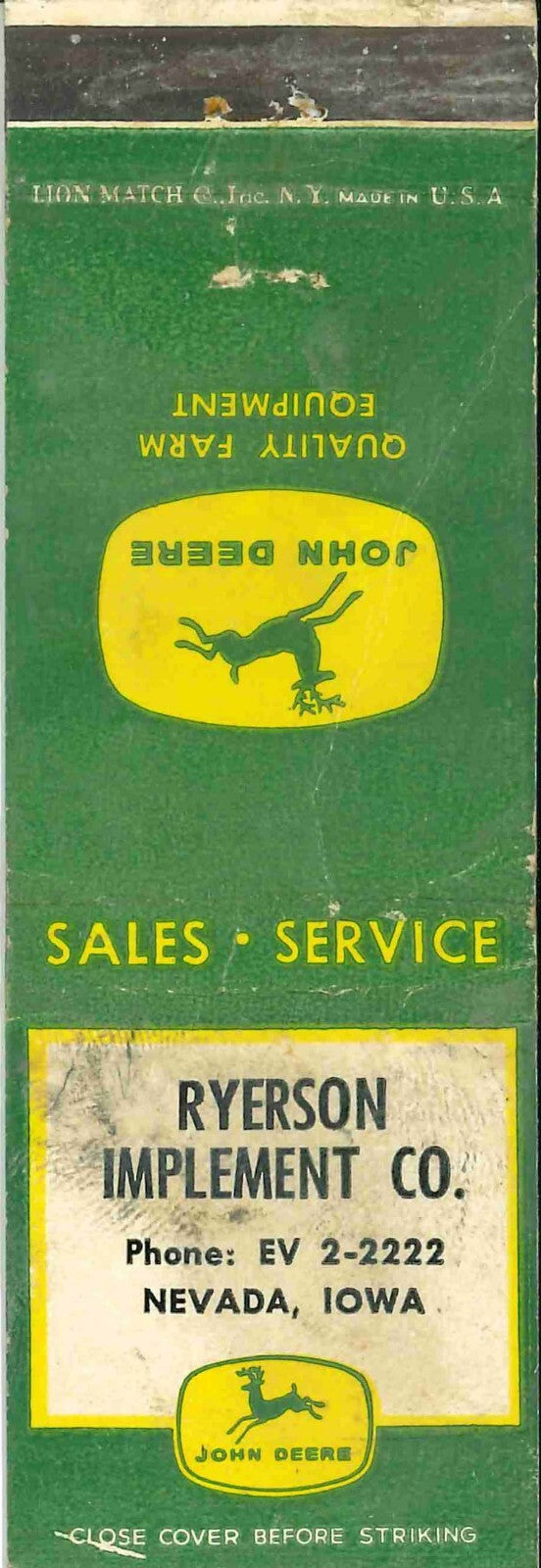 John Deere Matchbook Cover 4 Leg Ryerson Imp Co Nevada IA