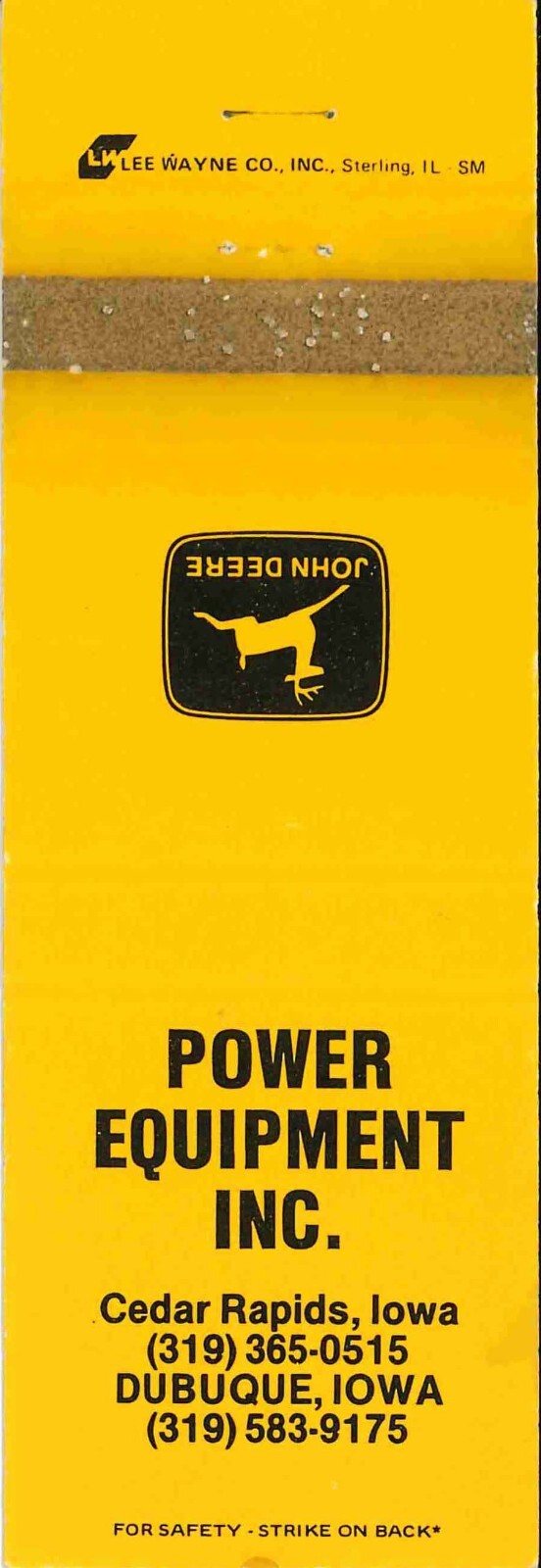 John Deere Matchbook Cover Power Equipment Cedar Rapids IA