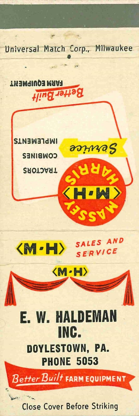 Matchbook Cover Massey Harris E W Haldeman Doylestown Pennsylvania