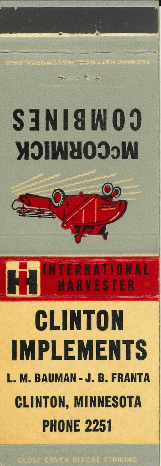 Matchbook Cover International Harvester Combine Clinton Implements Minnesota