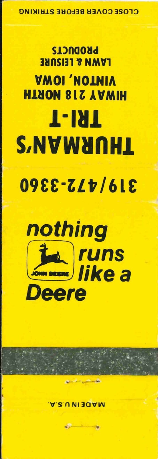 John Deere Matchbook Cover Thurmans Tri T Vinton IA Lawn and Leisure