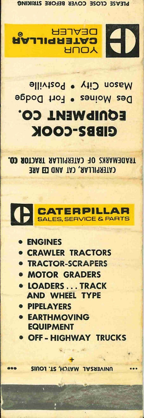 Matchbook Cover Caterpillar Gibbs Cook Iowa