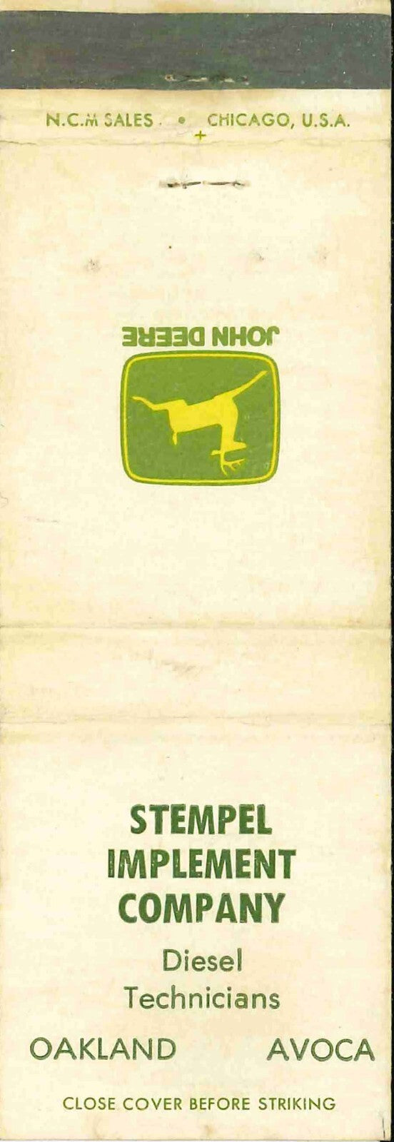 John Deere Matchbook Cover 2 Leg Stempel Implement Oakland Avoca