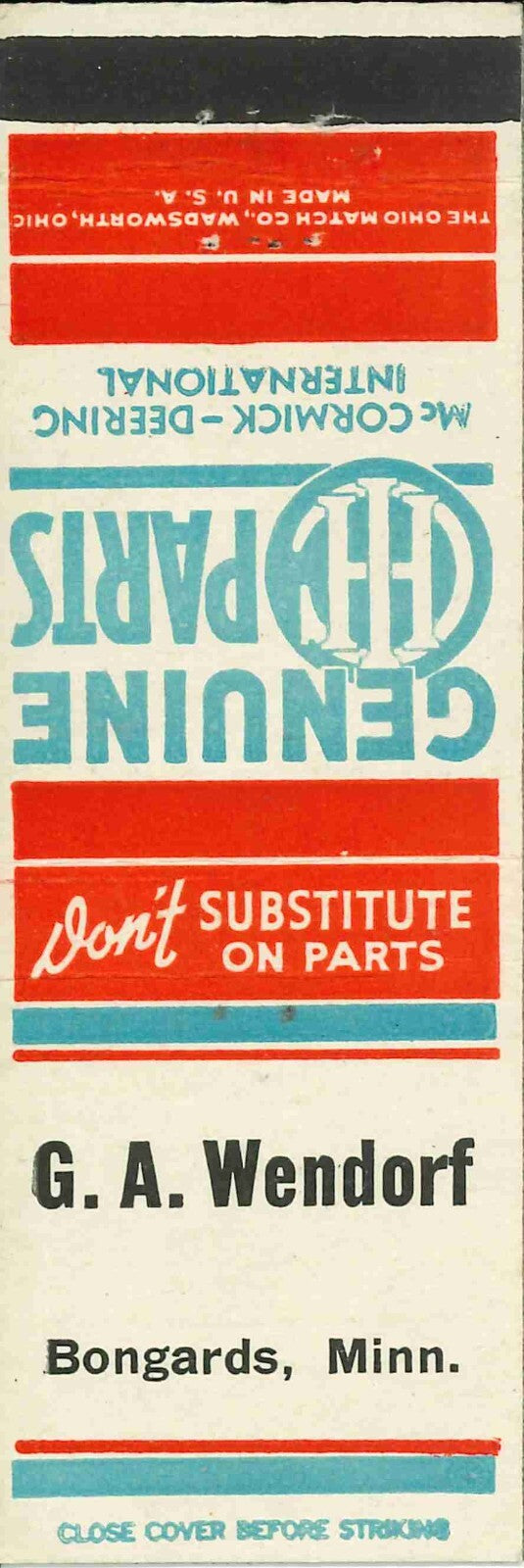 Matchbook Cover International Harvester Genuine Parts G A Wendorf Bongards Minn