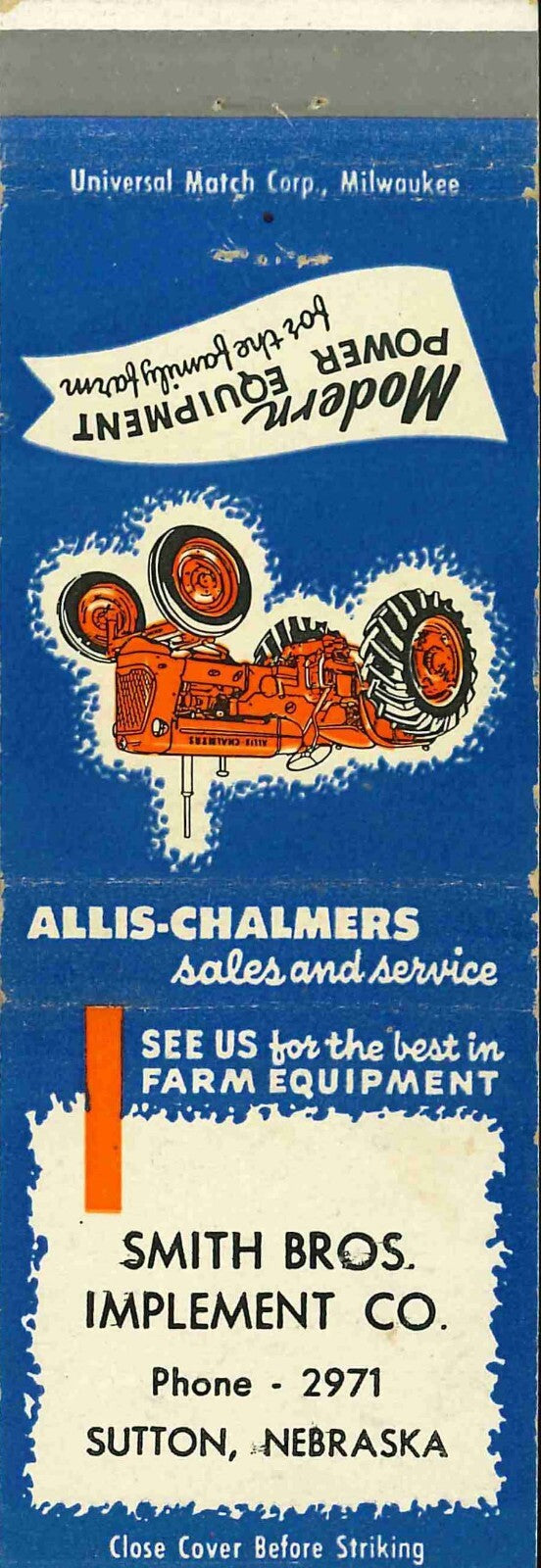 Matchbook Cover Allis Chalmers Tractor Smith Bros Imp Co Sutton Nebraska