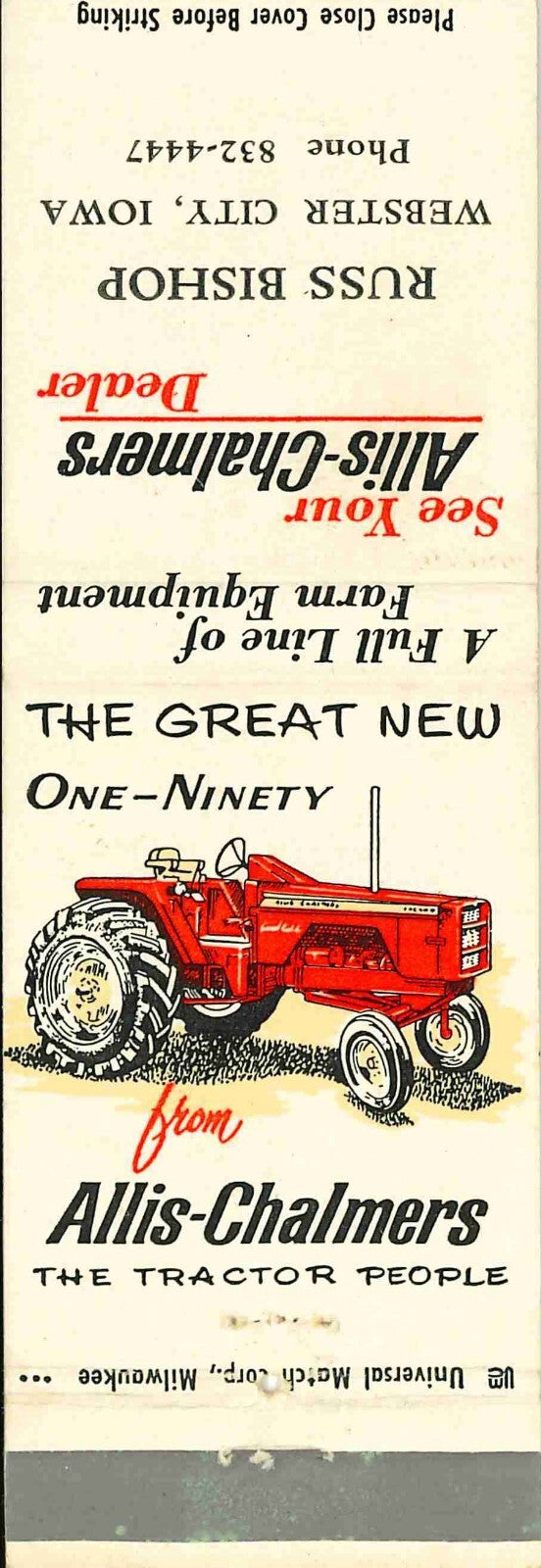 Matchbook Cover Allis Chalmers 190 Russ Bishop Webster City Iowa