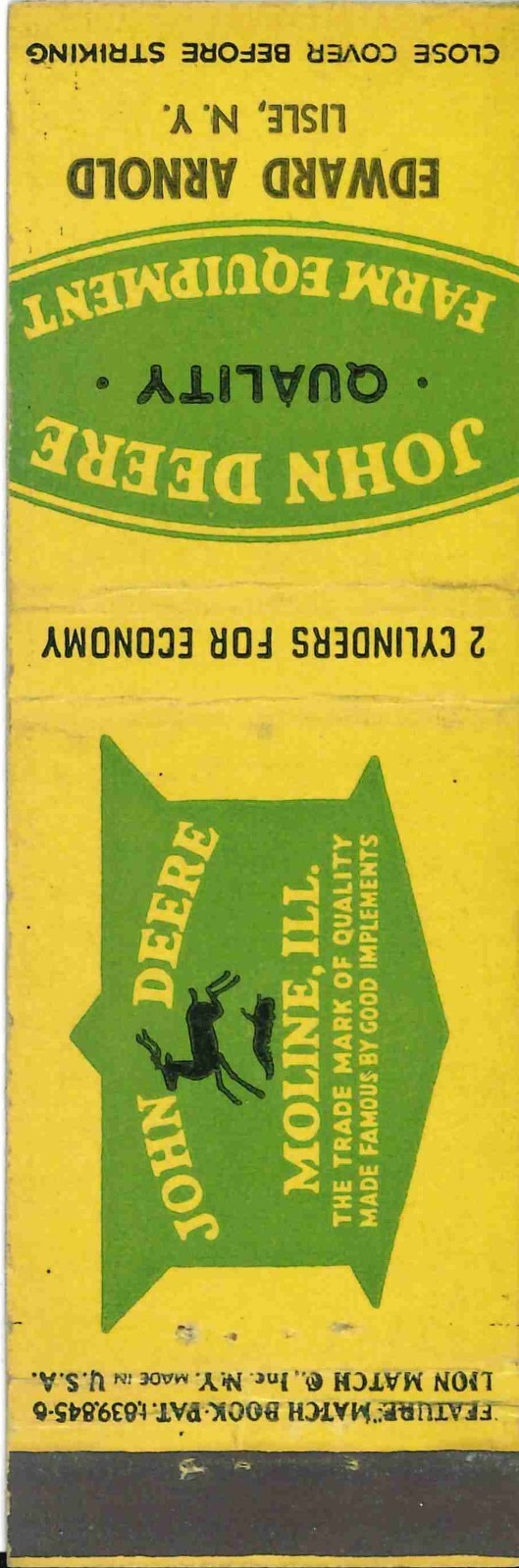 John Deere Matchbook Cover QFE Edward Arnold Lisle New York