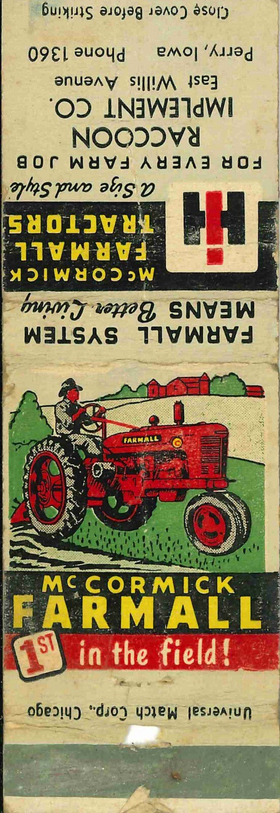 Matchbook Cover Farmall H Raccoon Imp Co East Willis Avenue