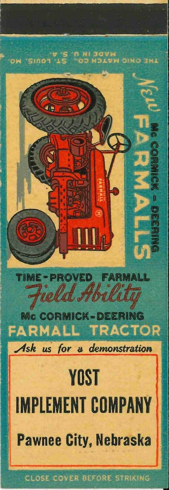 Matchbook Cover Farmall H Yost Imp Co Pawnee City Nebraska