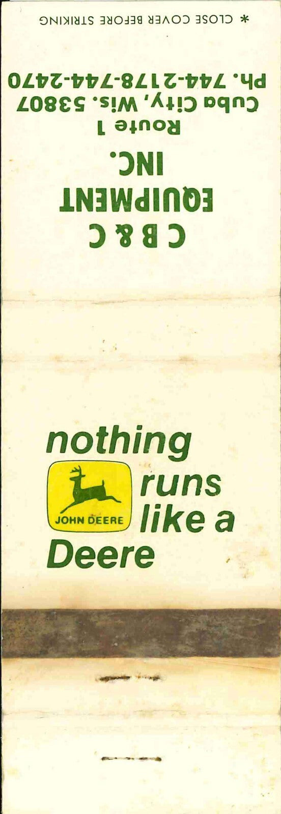 John Deere Matchbook Cover C B and C Equipment Cuba City WI