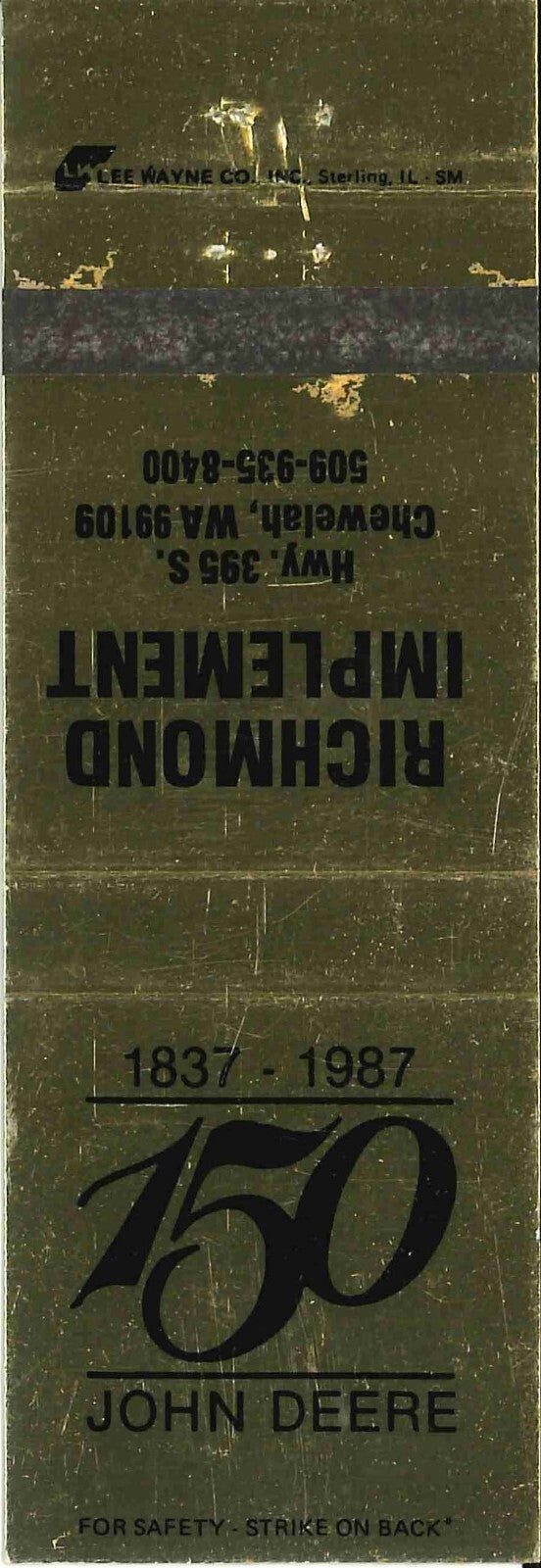 John Deere Matchbook Cover Richmond Implement Chewelah, WA