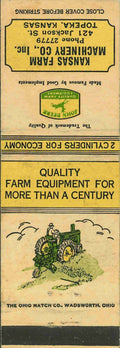 John Deere Matchbook Cover A w/ Mower Kansas Farm Machine Topeka KS