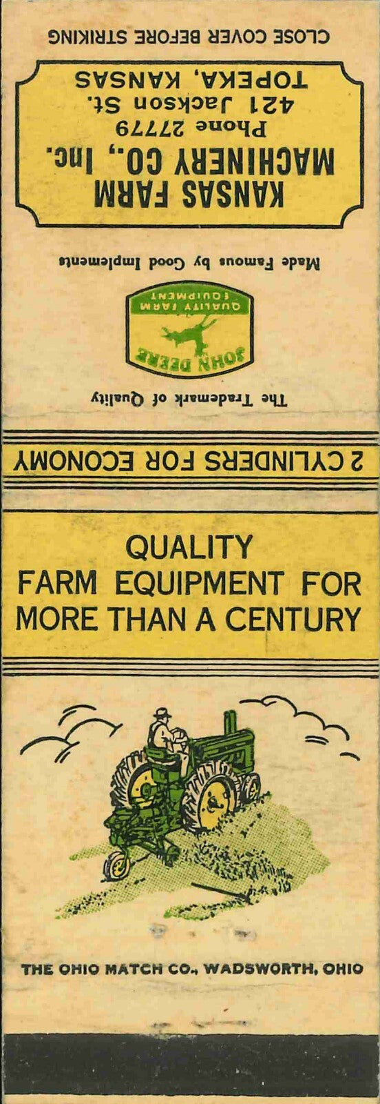 John Deere Matchbook Cover A w/ Mower Kansas Farm Machine Topeka KS