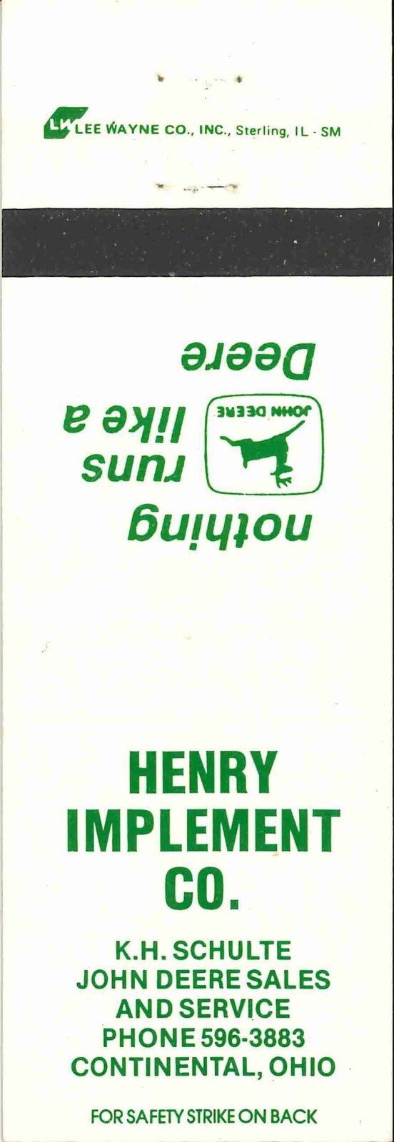 John Deere Matchbook Cover Henry Implement Co Continental OH