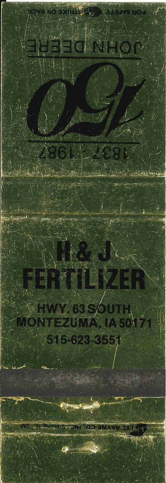 John Deere Matchbook Cover 150th H J Fertilizer Montezuma IA 