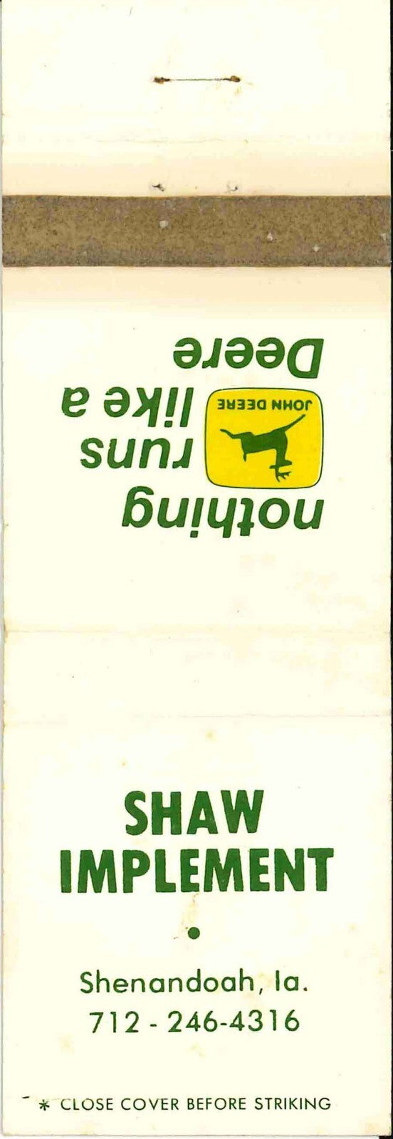 John Deere Matchbook Cover 2 Leg Shaw Imp Shenandoah IA
