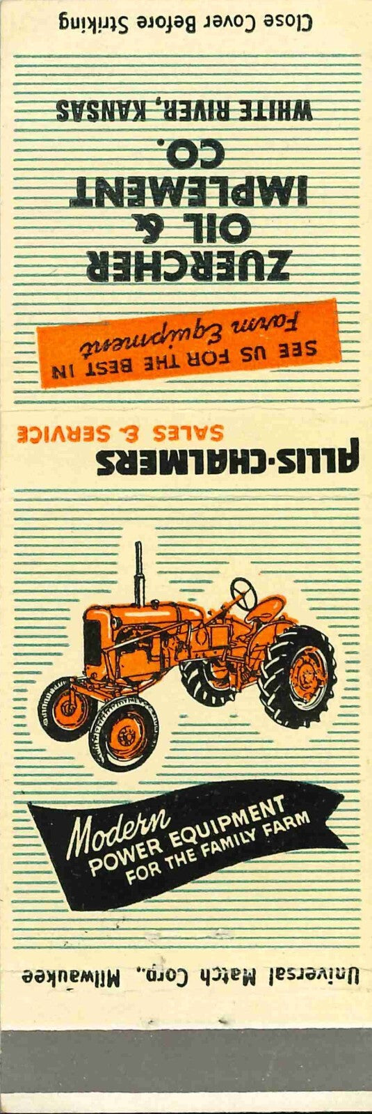 Matchbook Cover Allis Chalmers Tractor Zuercher Oil & Imp Co White River Kansas