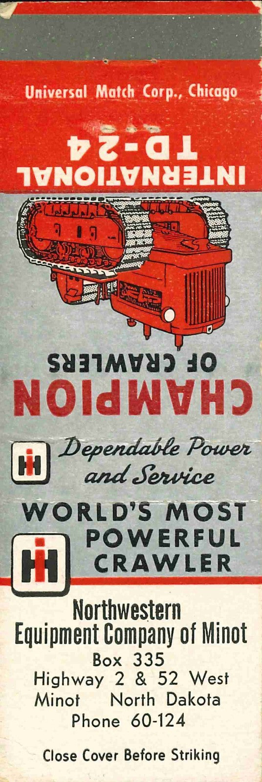 Matchbook Cover International Champion Crawlers Northwestern Minot North Dakota