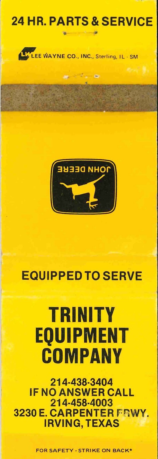 John Deere Matchbook Cover Trinity Equip Co Irving TX