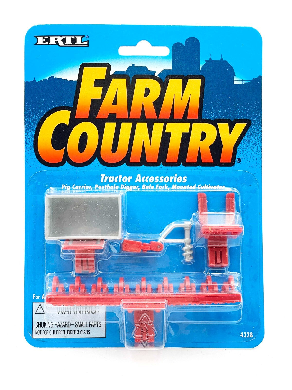 1/64 IH Red Tractor Accessories W/ Carrier, Posthole Digger, Forks, Cultivator