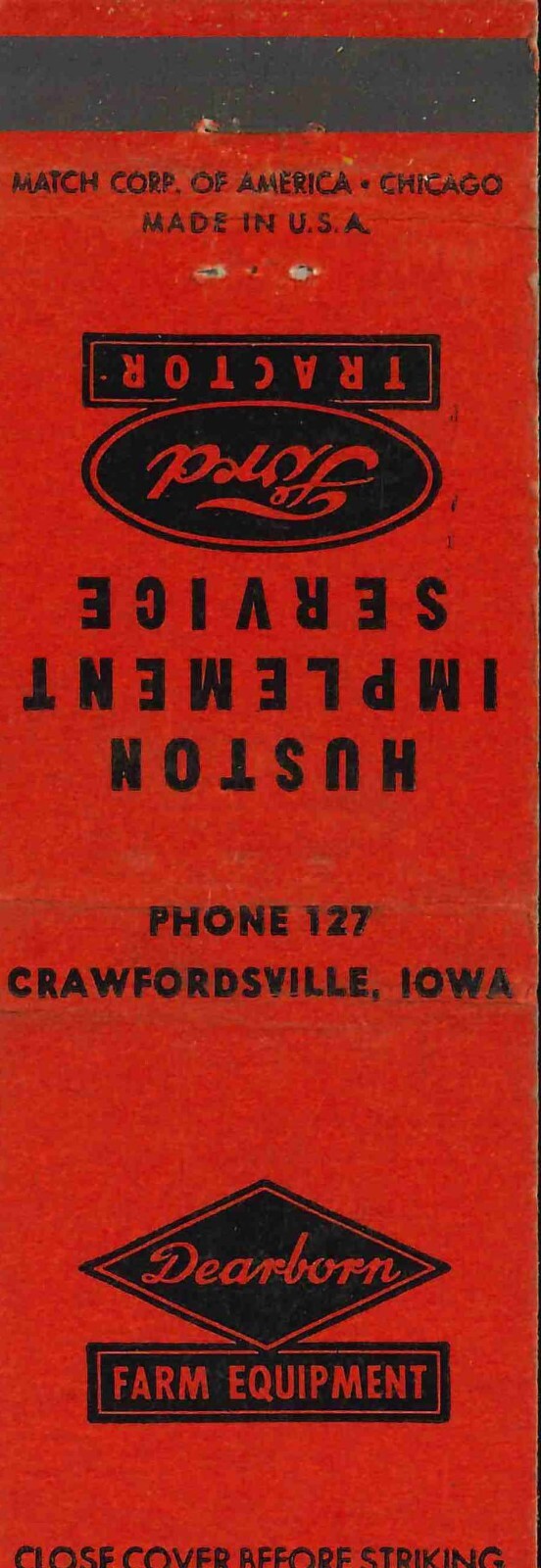 Matchbook Cover Ford Tractor Deaborn Implements Huston Implement Service 