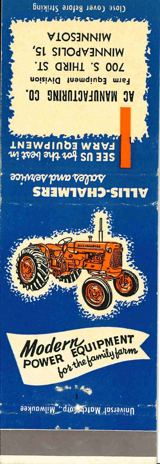 Matchbook Cover Allis Chalmers Manufacturing Co Minneapolis Moline