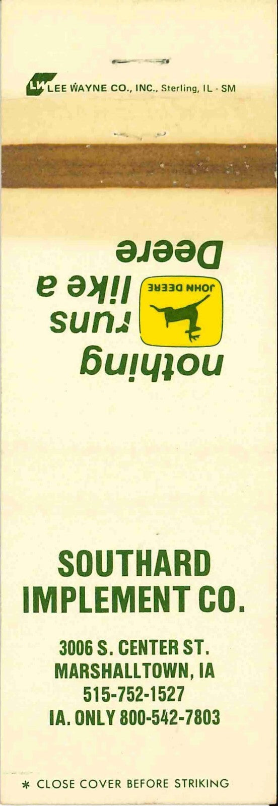John Deere Matchbook Cover 2 Leg Southard Implement Marshalltown IA
