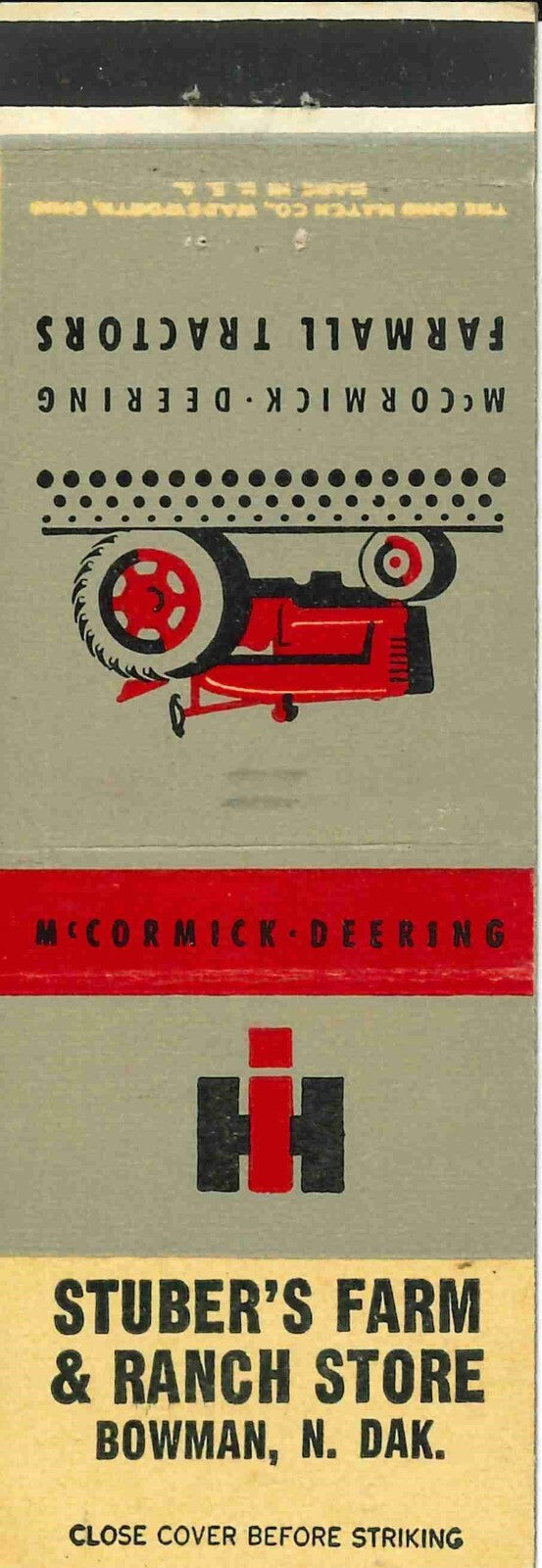 Matchbook Cover International Harvester Tractor Stubers Farm Bowman North Dakota