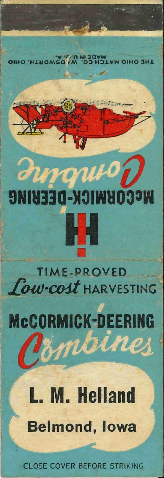 Matchbook Cover International Harvester Combine L M Helland Belmond Iowa