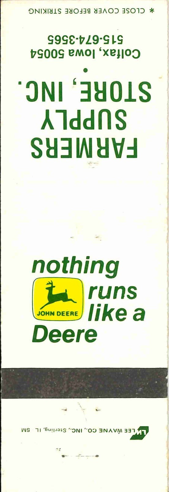 John Deere Matchbook Cover 2 Leg Farmers Supply Store Caolfax IA