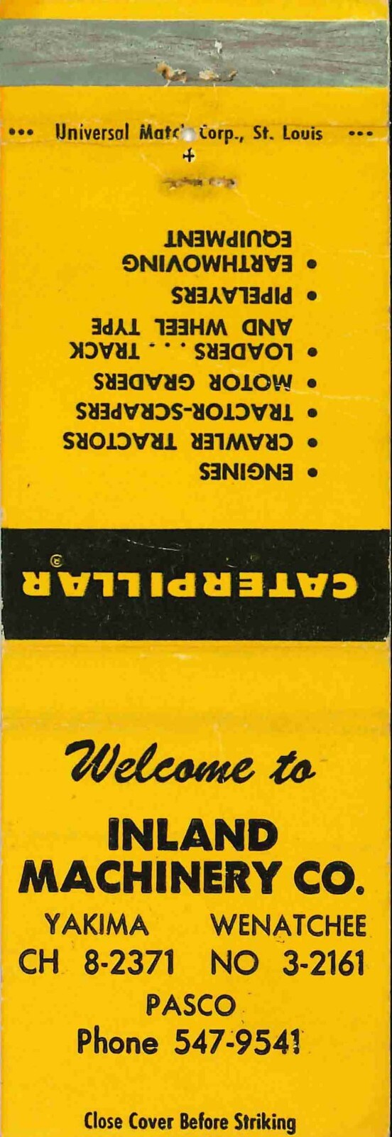 Matchbook Cover Caterpillar Inland Machinery Yakima Wenatchee Washington