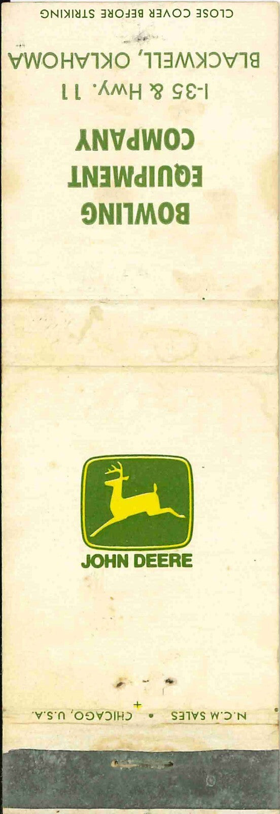 John Deere Matchbook Cover 2 Leg Bowling Equip Co Blackwell OK